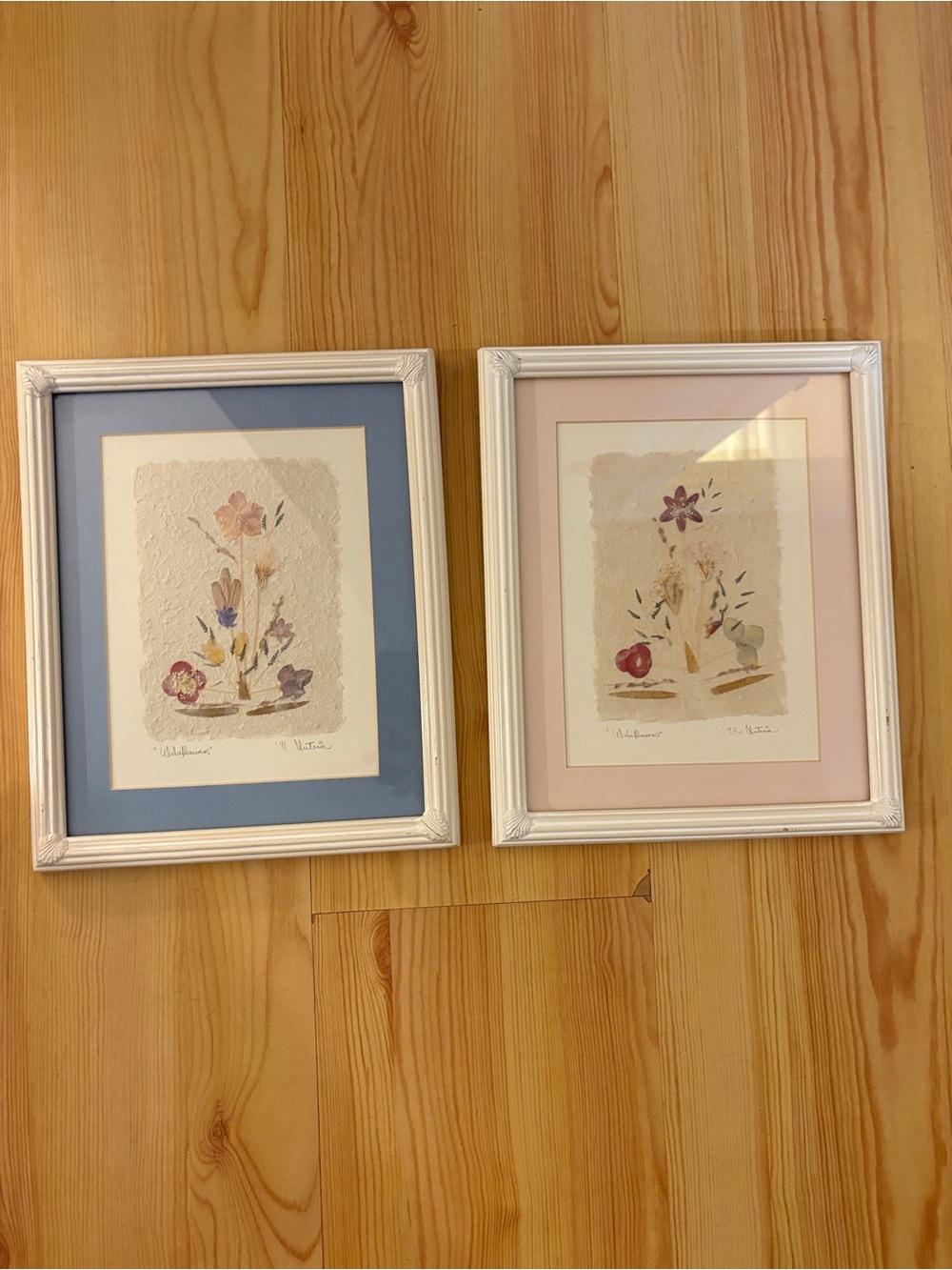 Vintage 90s Framed Art Pressed Flowers with Pink and Blue Mats - set of 2